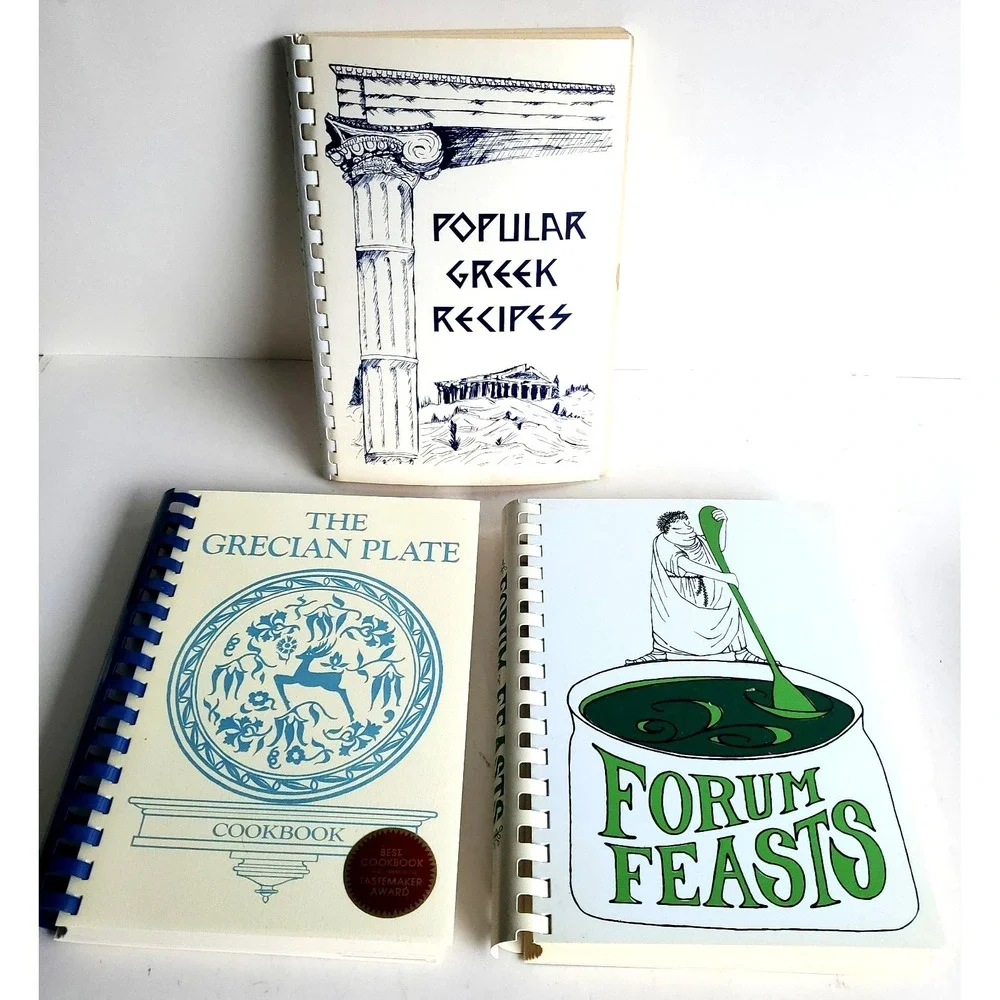 Popular Greek Recipes VTG Cookbook Lot of 3 Grecian Plate Forum Feasts NOS Spira